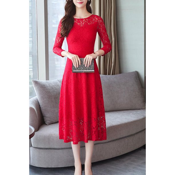 Women Spectacular Lace Decorated Round Neck Long Sleeve Attractive Party Evening A-Line Skirt Dress