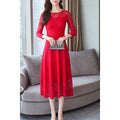 Women Spectacular Lace Decorated Round Neck Long Sleeve Attractive Party Evening A-Line Skirt Dress