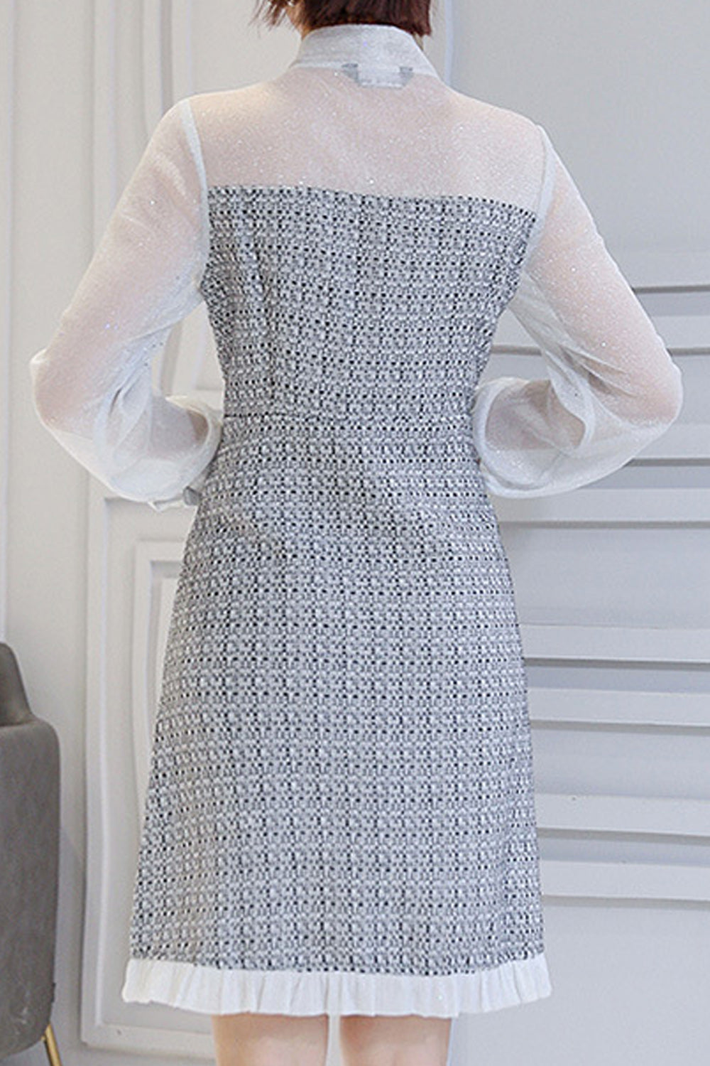 Women Tie Neck Button Closure Skirt Long Sleeve Elegant Dress