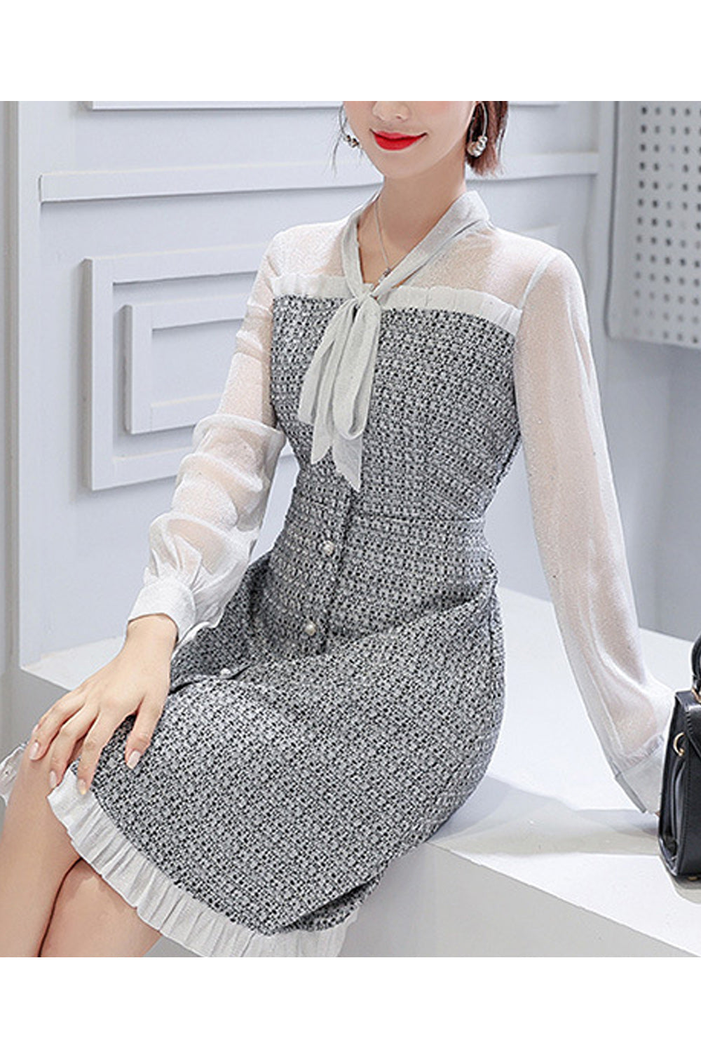 Women Tie Neck Button Closure Skirt Long Sleeve Elegant Dress
