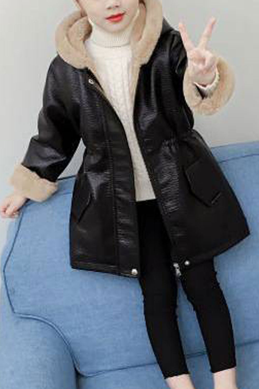 Kid Girl Classy Hooded Neck Front Zipper Trench Winter Leather Jacket.