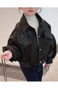Kid Girl Good-Looking Collar Neck Front Zipper & Wrist Belt Winter Leather Jacket.