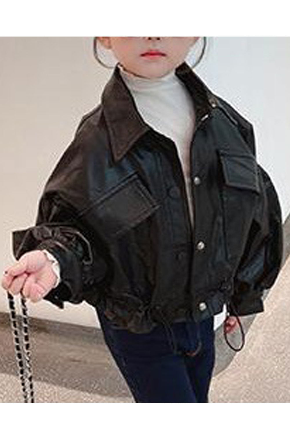 Kid Girl Good-Looking Collar Neck Front Zipper & Wrist Belt Winter Leather Jacket.