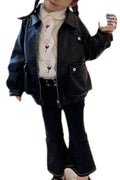Kid Girl Divin Collar Neck Front Zipper & Flap Closure Pockets Pretty Winter Leather Jacket.