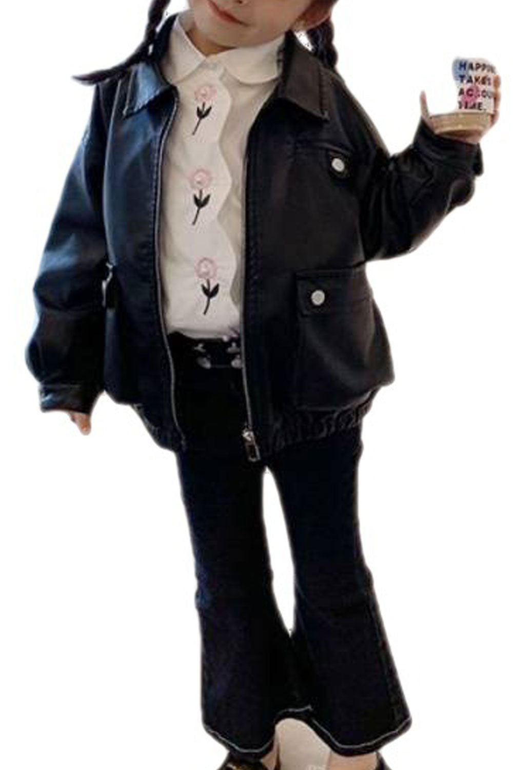 Kid Girl Divin Collar Neck Front Zipper & Flap Closure Pockets Pretty Winter Leather Jacket.