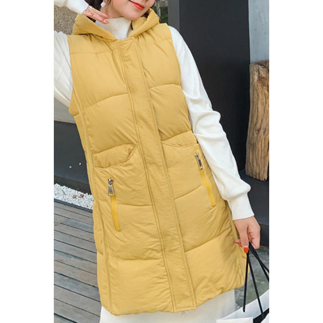 Women Mid Length Solid Colored Flap Pockets Warm Winter Season Padded Vest
