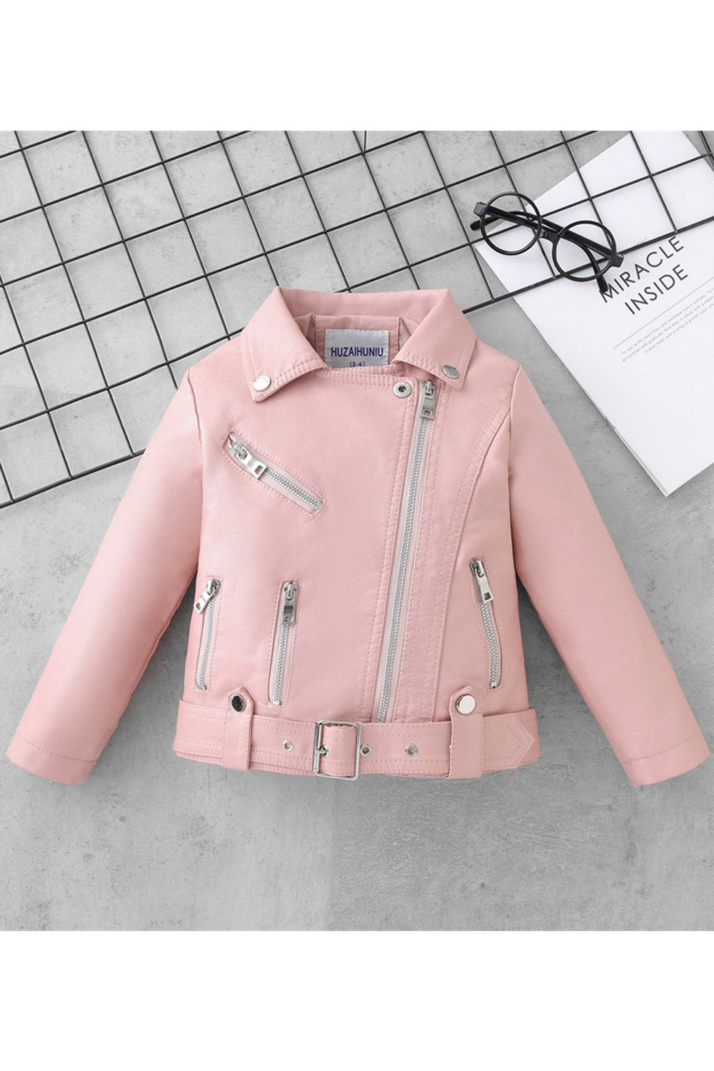 kid Girl Winsome Collar Neck Wrist Belt & welt Zipper Pocket Winter Leather Jacket.