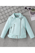 Kid Girl Fascinating Lapal Collar Neck Welt Zipper Pocket & Waist Belt Winter Leather Jacket.