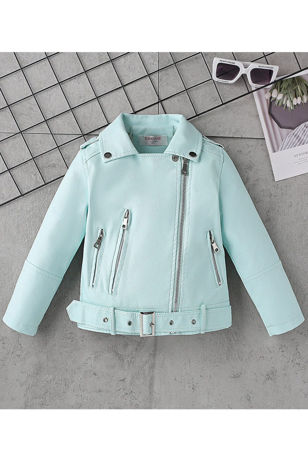 Kid Girl Fascinating Lapal Collar Neck Welt Zipper Pocket & Waist Belt Winter Leather Jacket.