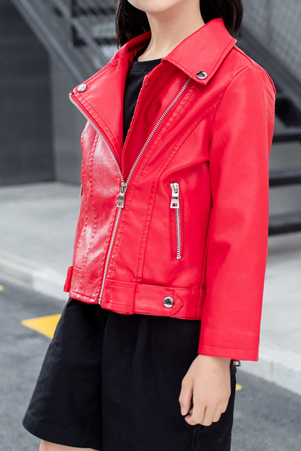 Kid Girl Adorable Collar Neck Zipper Cuff & Welt Pocket Winter Leather Jacket.
