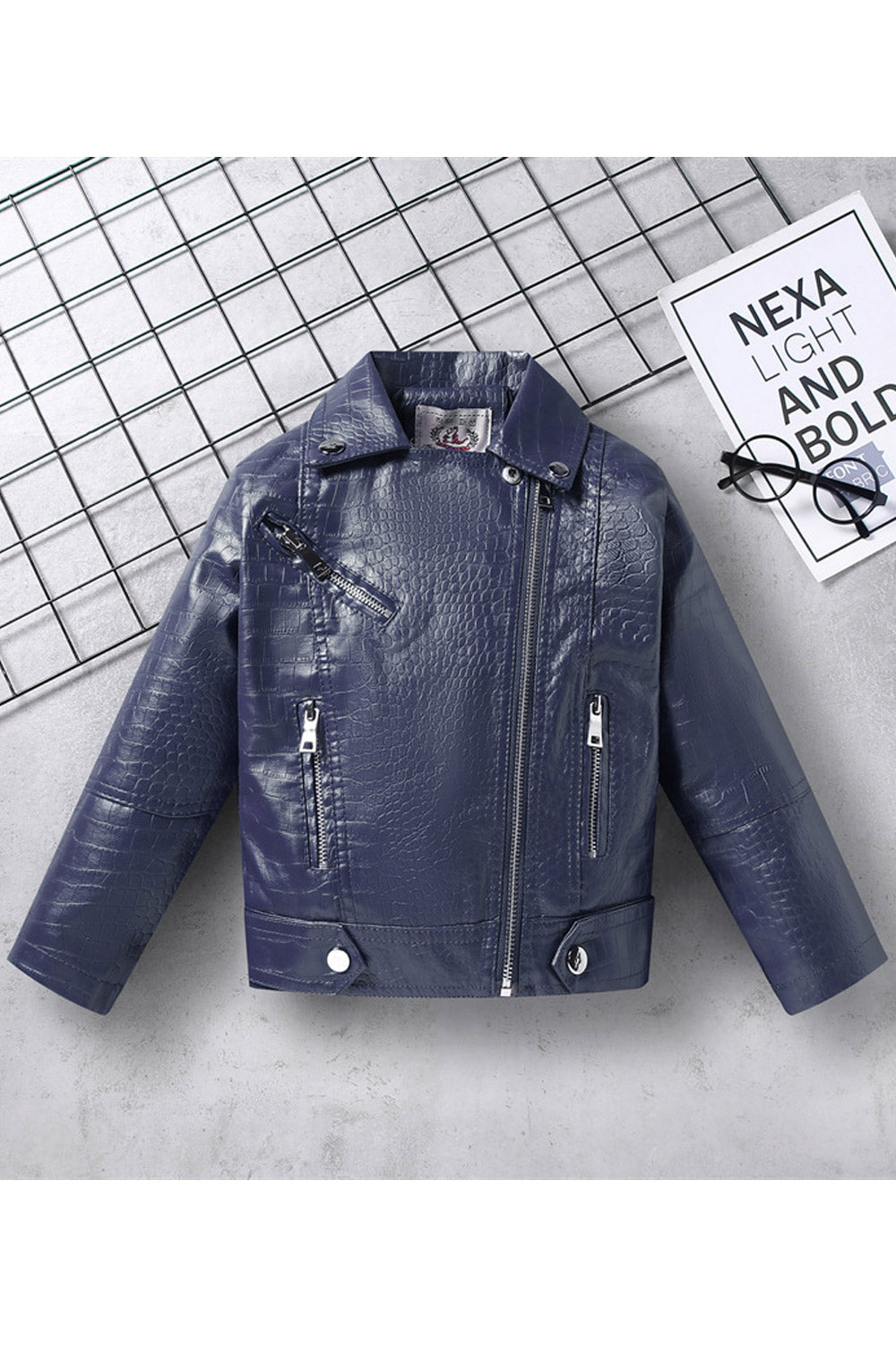 Kid Girl Alluring Lapal Collar Neck Welt Zipper Pocket Appealing Winter Leather Jacket.