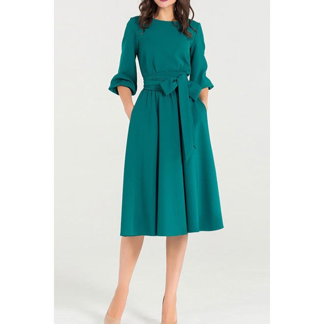Women Round Neck Waist Belt Casual Dress