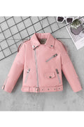 Kid Girl Graceful Lapal Collar Neck Flapped Closure Pocket & Zipper Cuff Winter Leather Jacket.