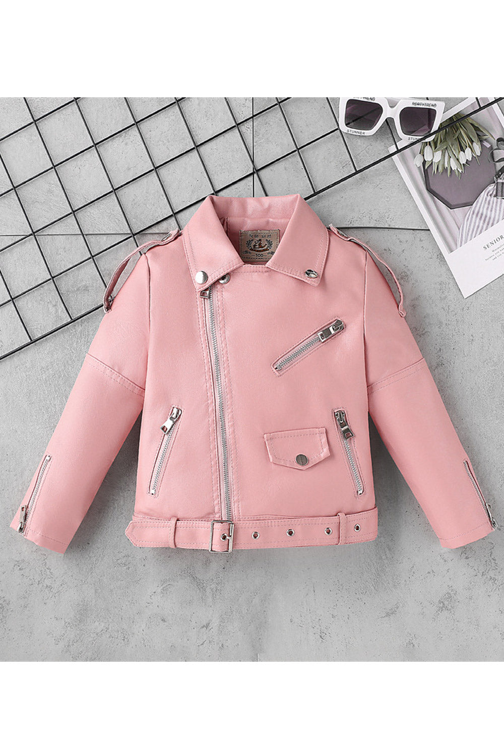 Kid Girl Graceful Lapal Collar Neck Flapped Closure Pocket & Zipper Cuff Winter Leather Jacket.