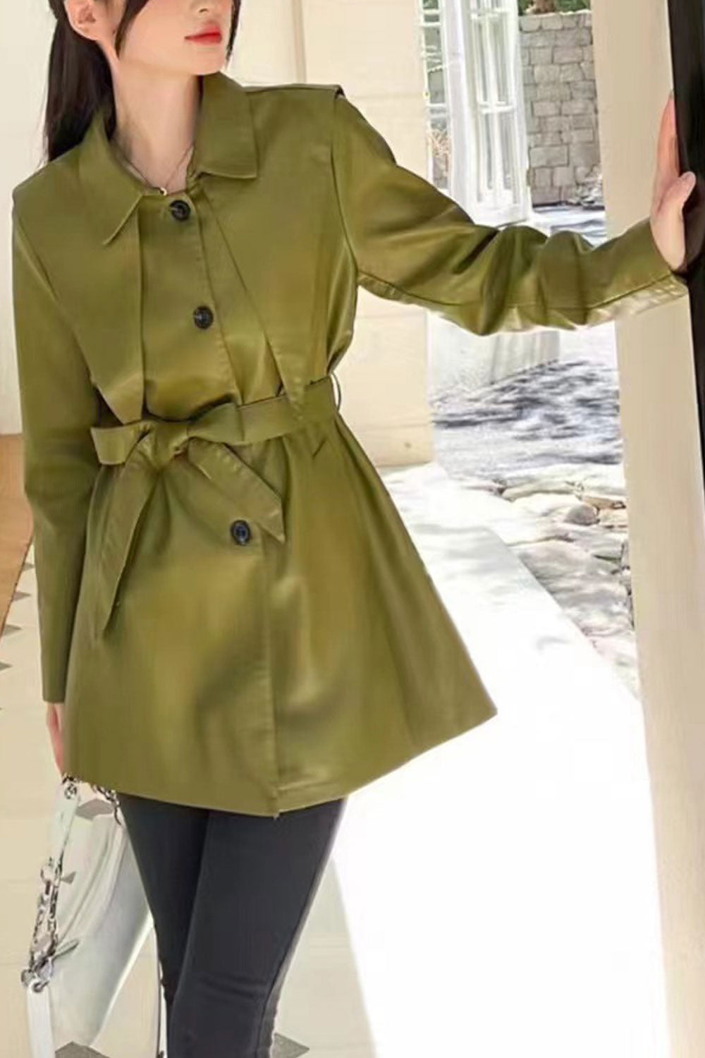 Women Long Fairy Style Collar Neck Buttoned Fastener Waist Strap & Slash Pocket Cozy Winter Leather Jacket