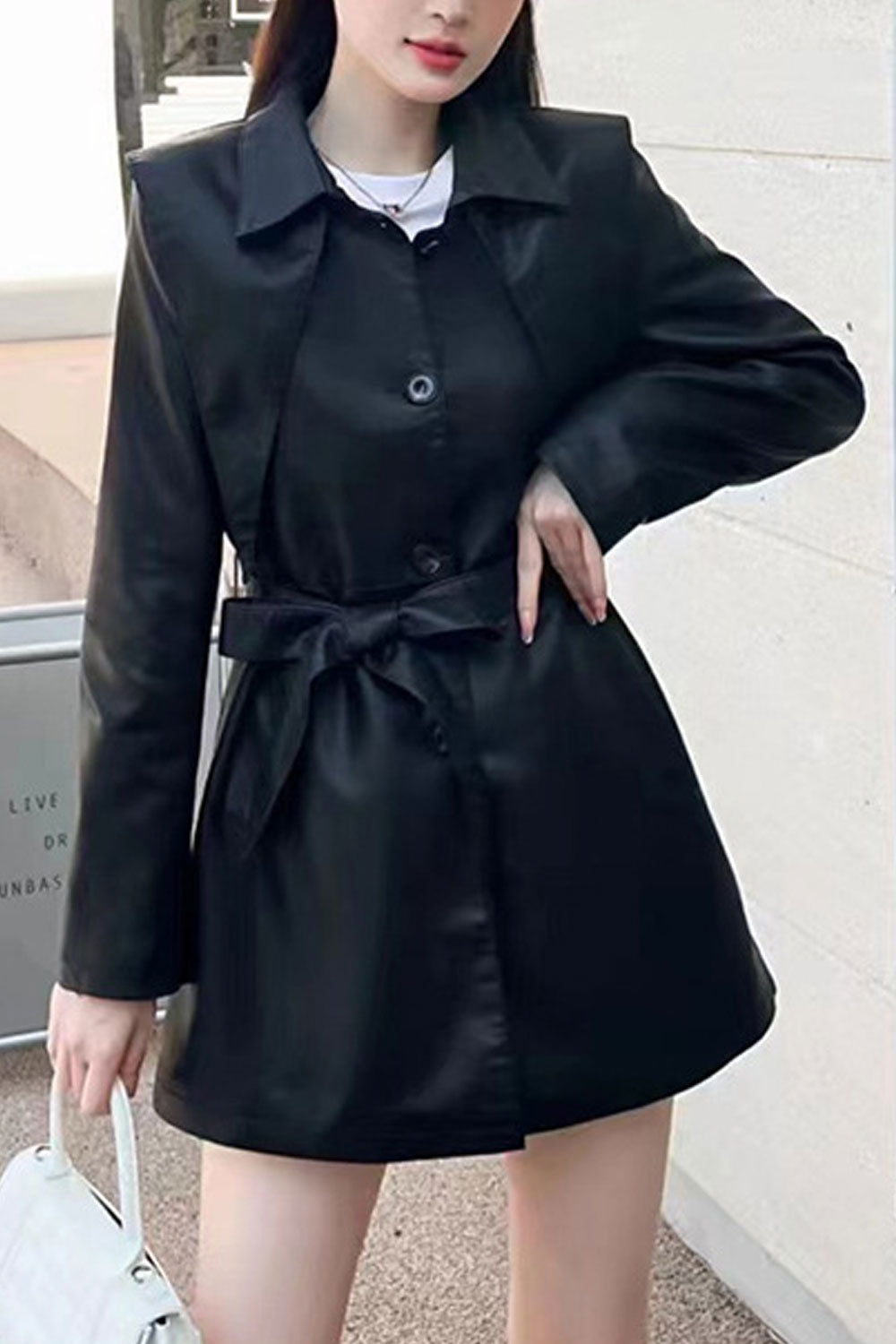 Women Long Fairy Style Collar Neck Buttoned Fastener Waist Strap & Slash Pocket Cozy Winter Leather Jacket