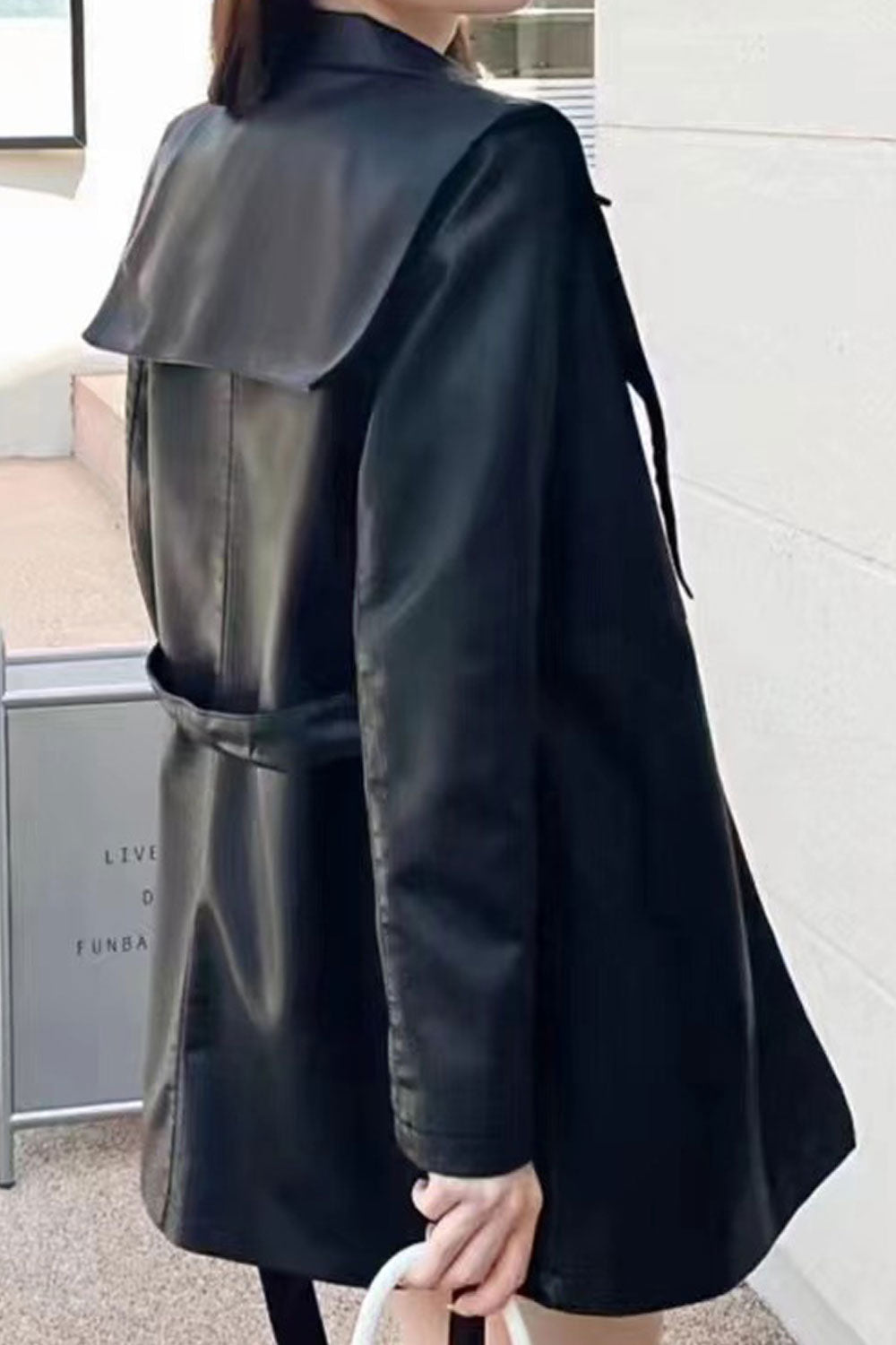 Women Long Fairy Style Collar Neck Buttoned Fastener Waist Strap & Slash Pocket Cozy Winter Leather Jacket