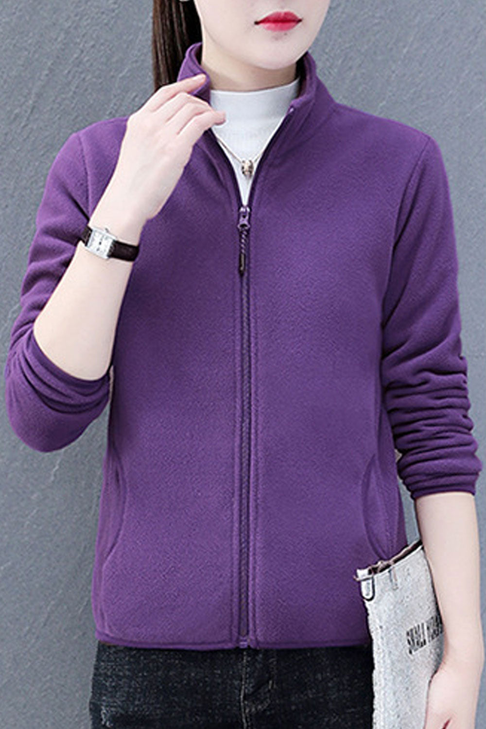 Women Alluring Soft & Warm Stand Collar Solid Pattern Quick Zip Closure Winter Cardigan