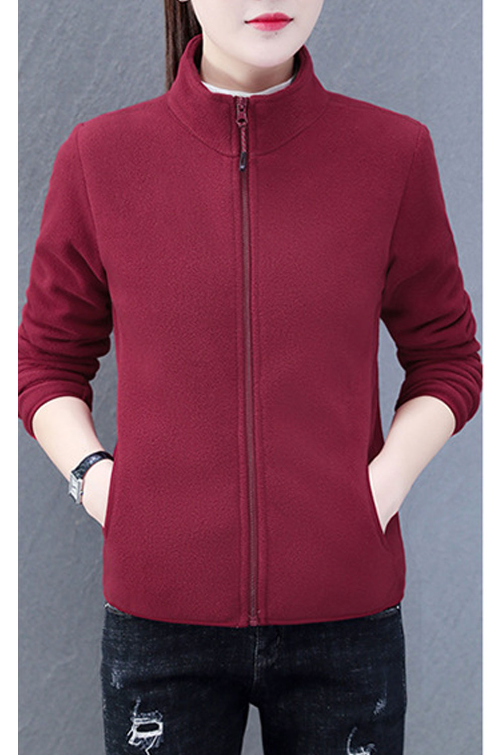 Women Alluring Soft & Warm Stand Collar Solid Pattern Quick Zip Closure Winter Cardigan