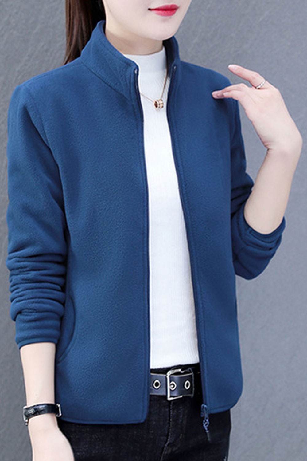 Women Alluring Soft & Warm Stand Collar Solid Pattern Quick Zip Closure Winter Cardigan