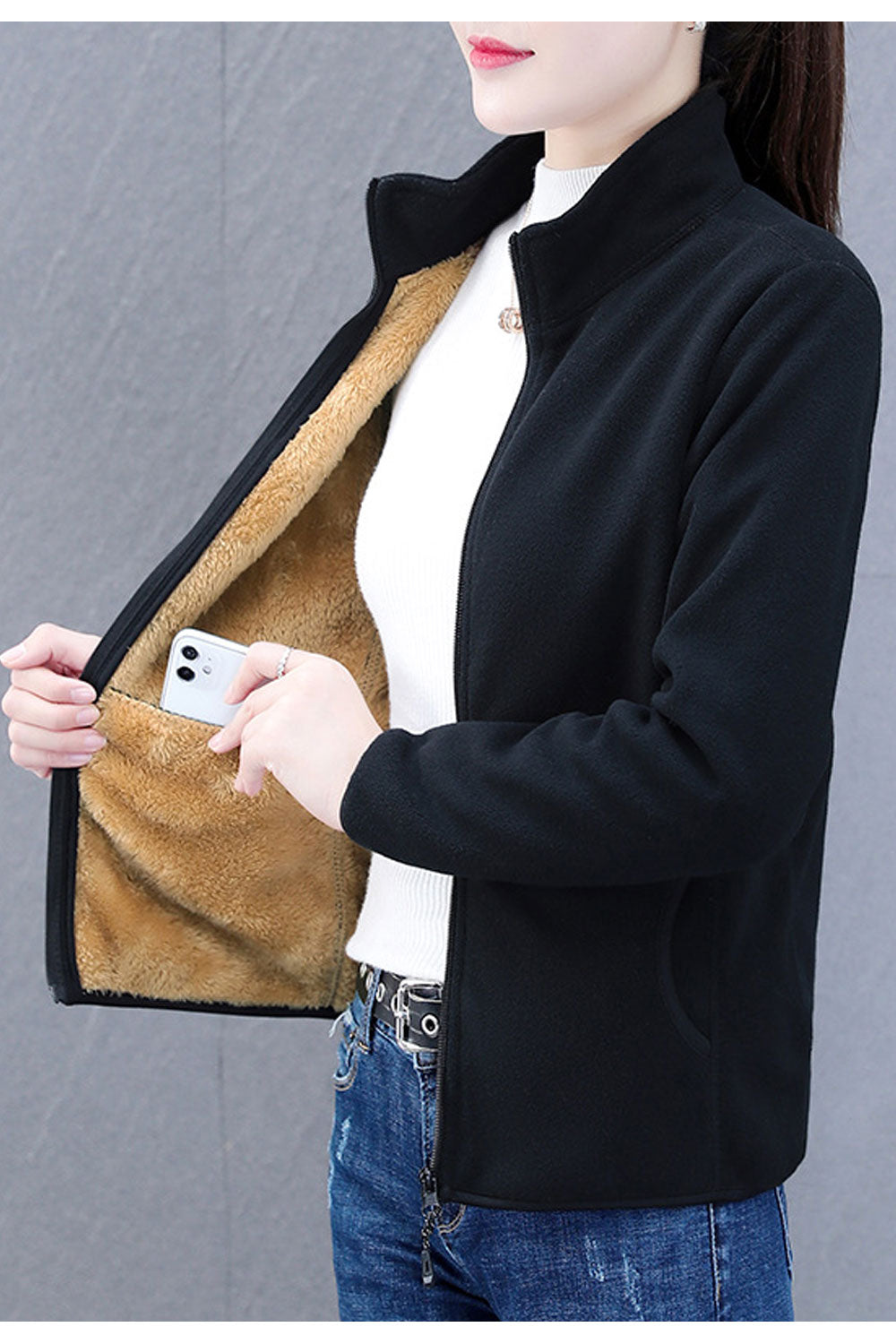 Women Alluring Soft & Warm Stand Collar Solid Pattern Quick Zip Closure Winter Cardigan