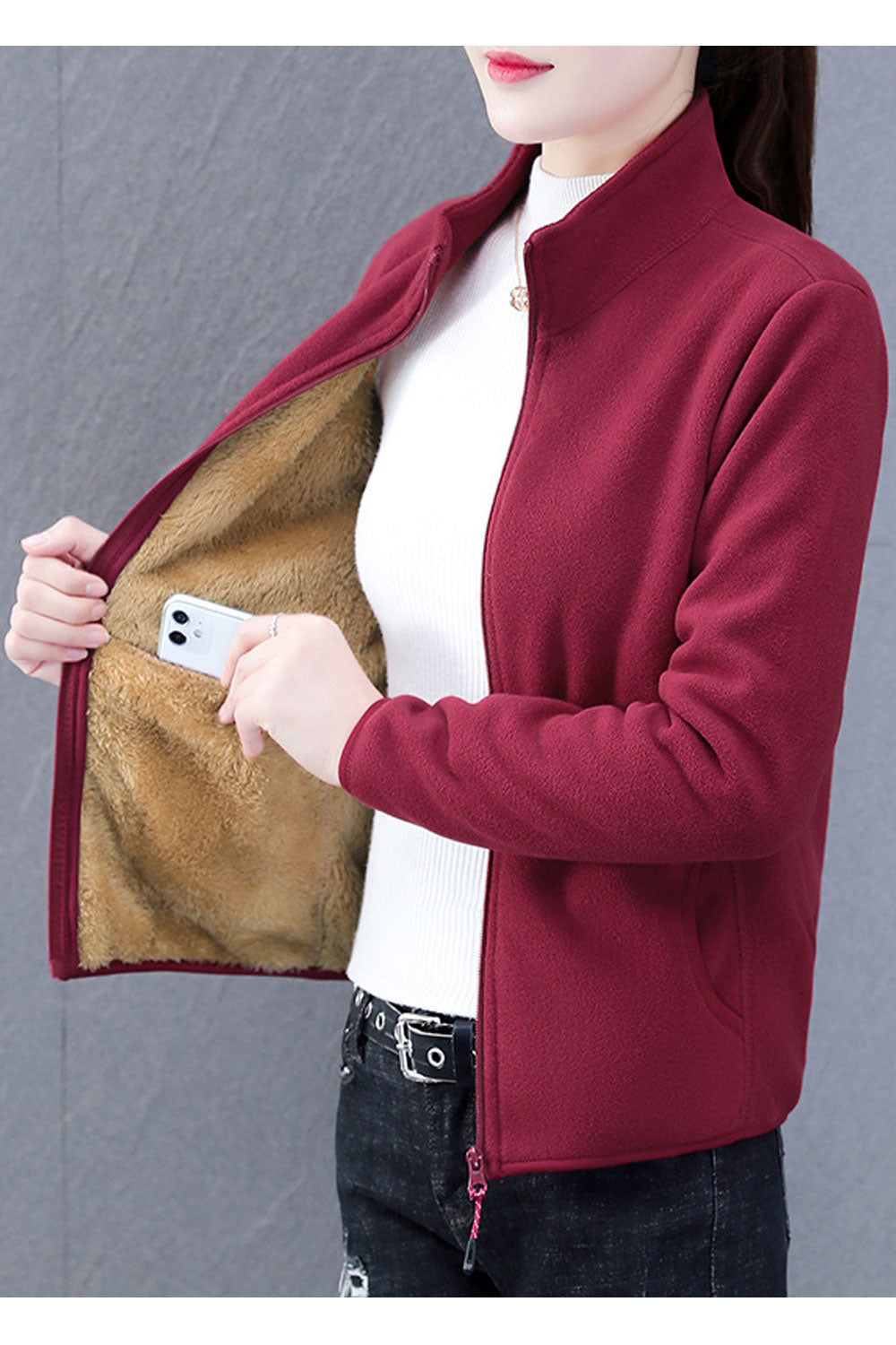 Women Alluring Soft & Warm Stand Collar Solid Pattern Quick Zip Closure Winter Cardigan