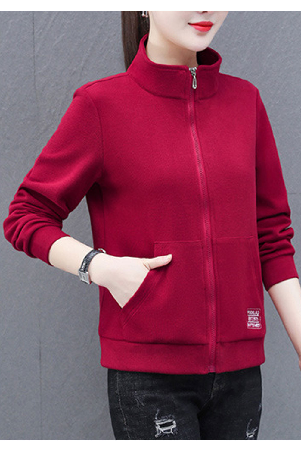 Women Flawless Stand Collar Neck Ribbed Cuff & Hem & Kangaroo Pocket Winter Casual Jacket