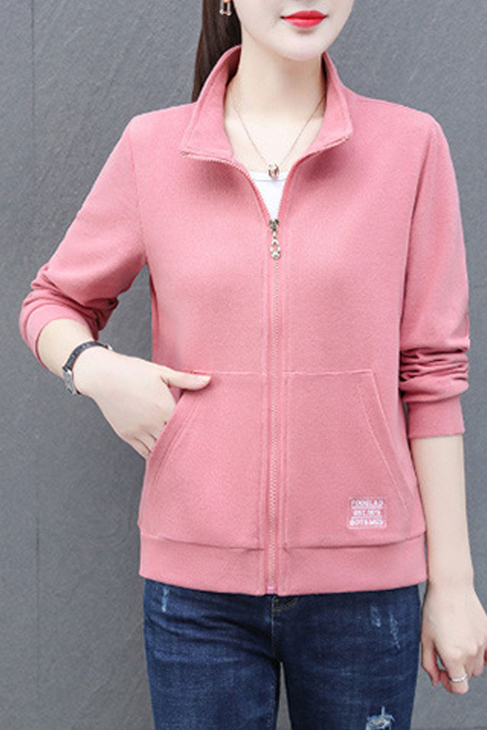 Women Flawless Stand Collar Neck Ribbed Cuff & Hem & Kangaroo Pocket Winter Casual Jacket