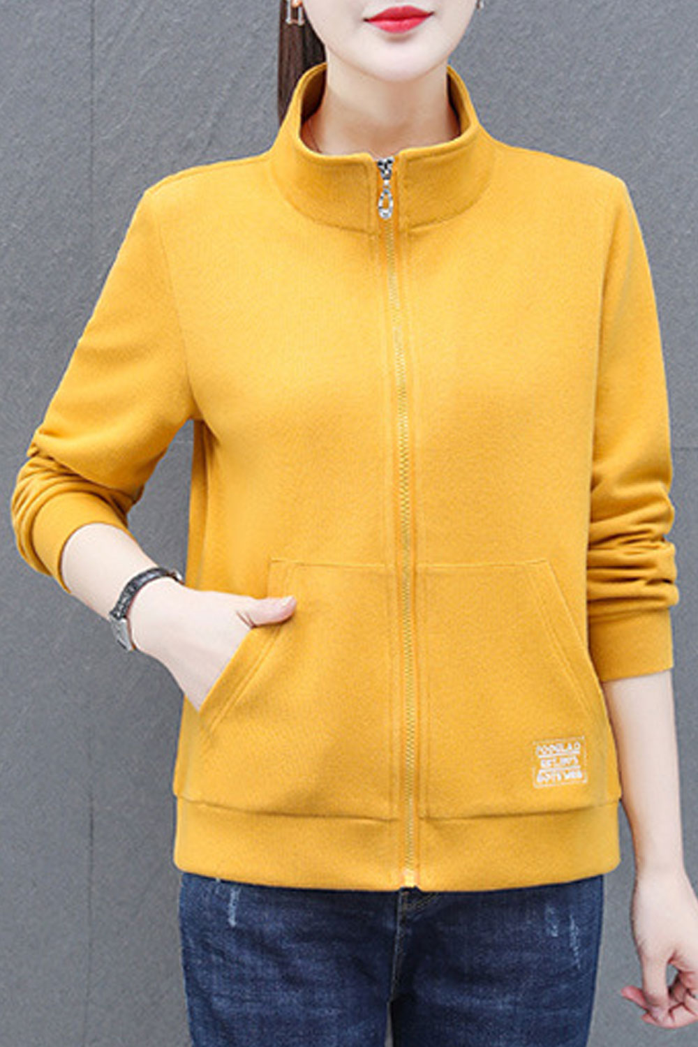 Women Flawless Stand Collar Neck Ribbed Cuff & Hem & Kangaroo Pocket Winter Casual Jacket