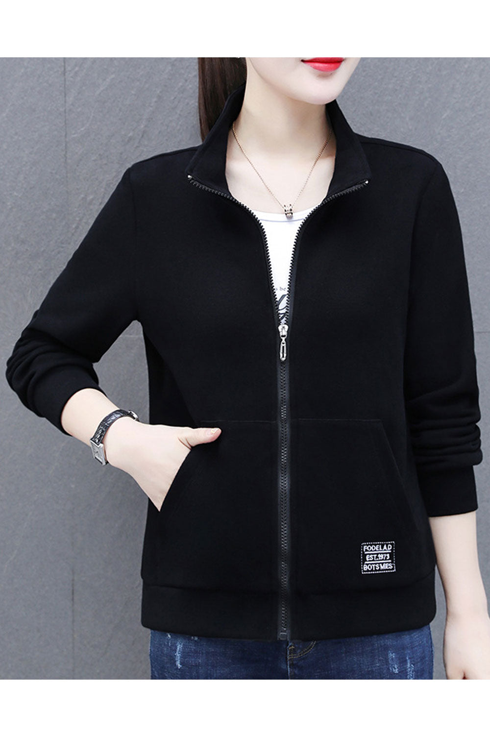 Women Flawless Stand Collar Neck Ribbed Cuff & Hem & Kangaroo Pocket Winter Casual Jacket