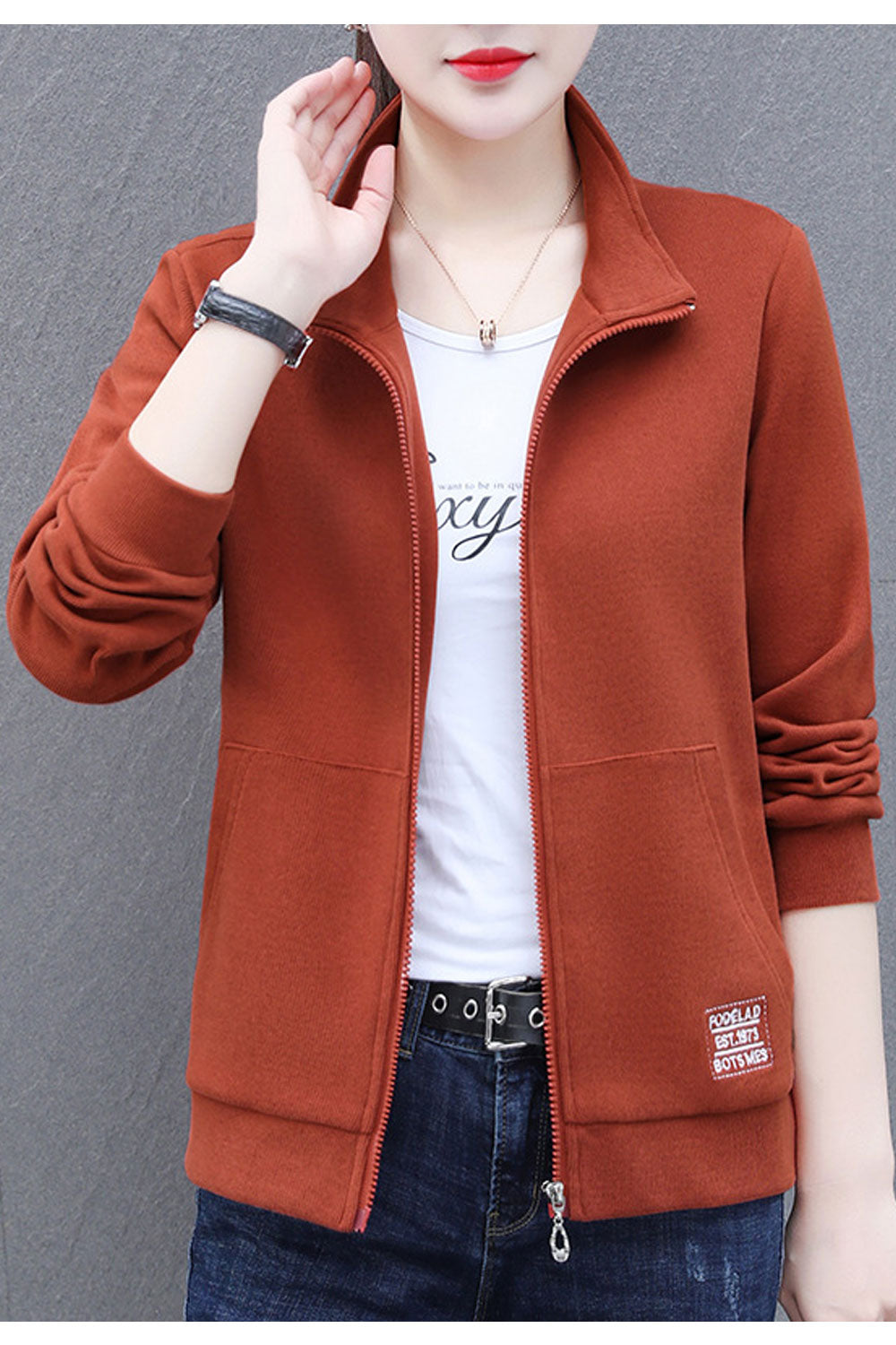 Women Flawless Stand Collar Neck Ribbed Cuff & Hem & Kangaroo Pocket Winter Casual Jacket