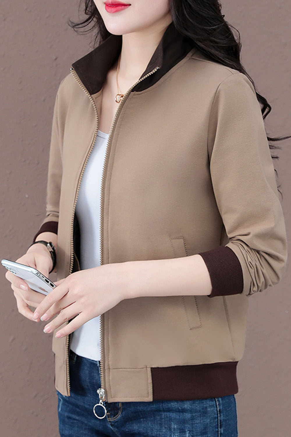 Women Peachy Stand Collar Neck Front Zippered Ribbed Cuff & Hem Winter Casual Jacket