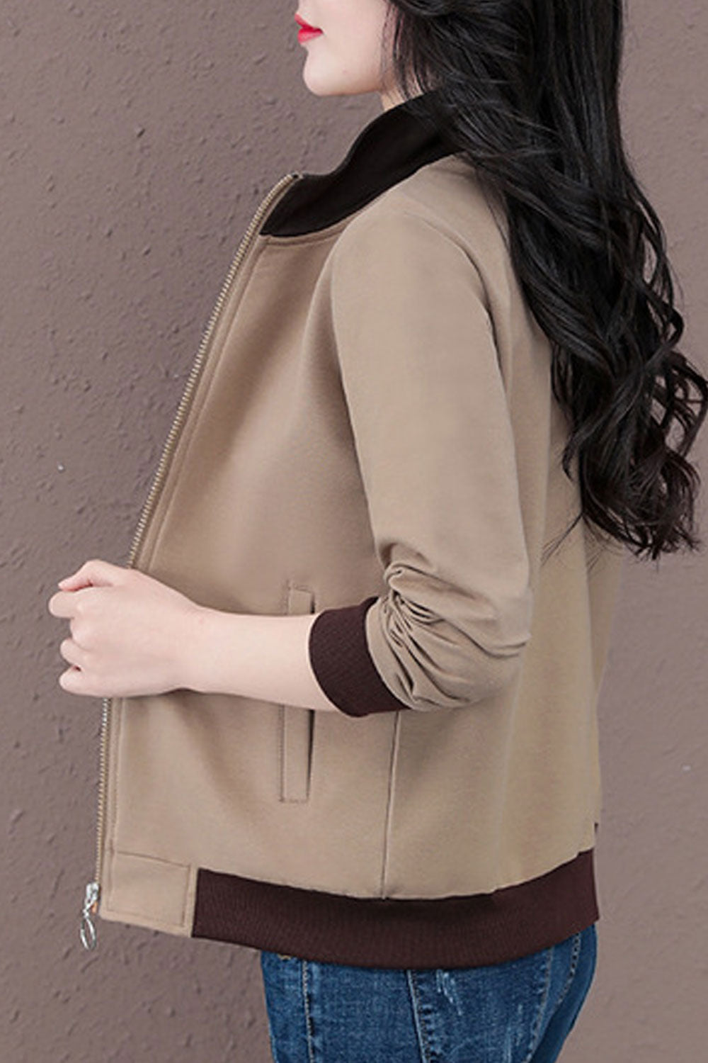 Women Peachy Stand Collar Neck Front Zippered Ribbed Cuff & Hem Winter Casual Jacket