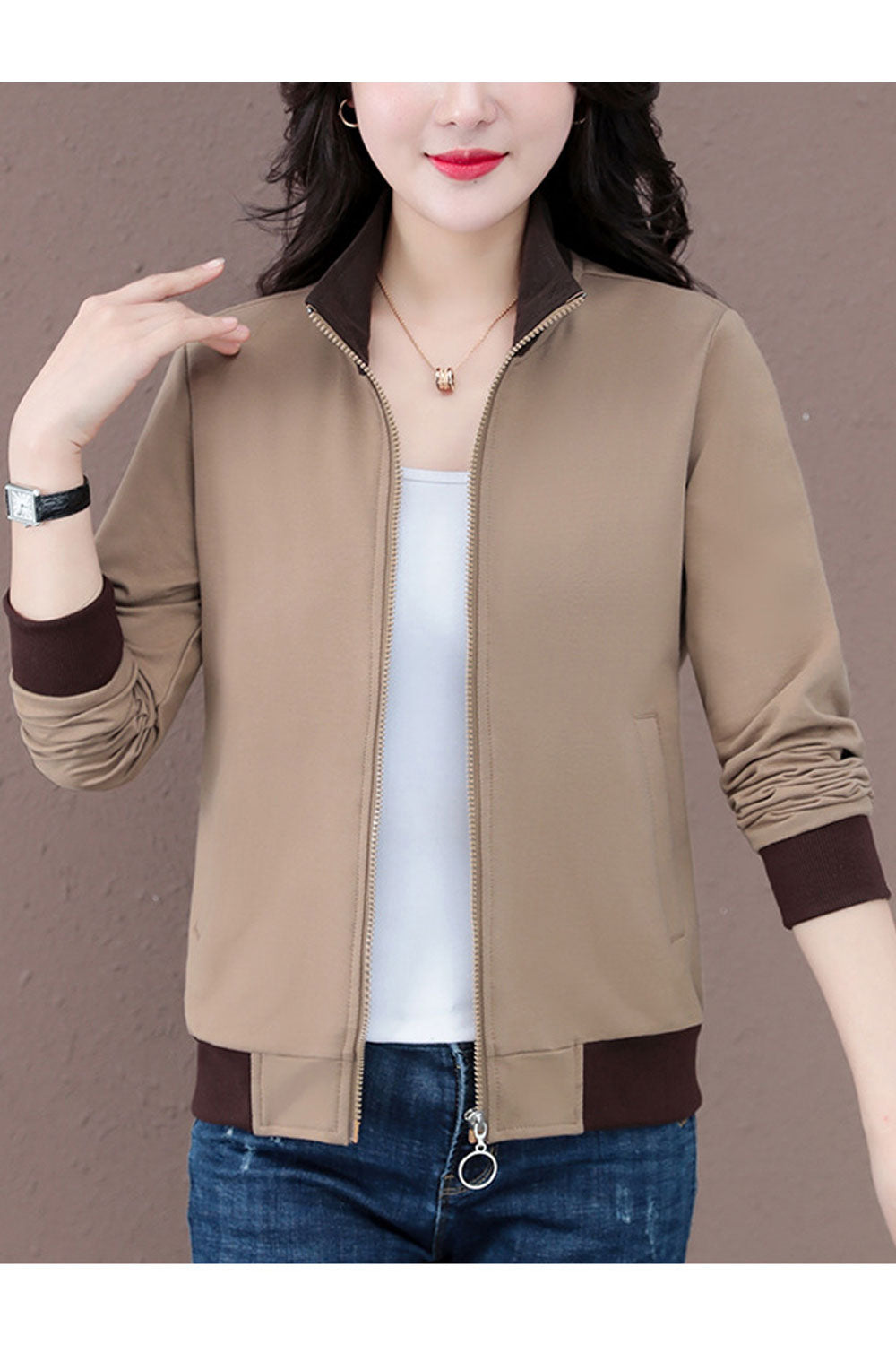 Women Peachy Stand Collar Neck Front Zippered Ribbed Cuff & Hem Winter Casual Jacket