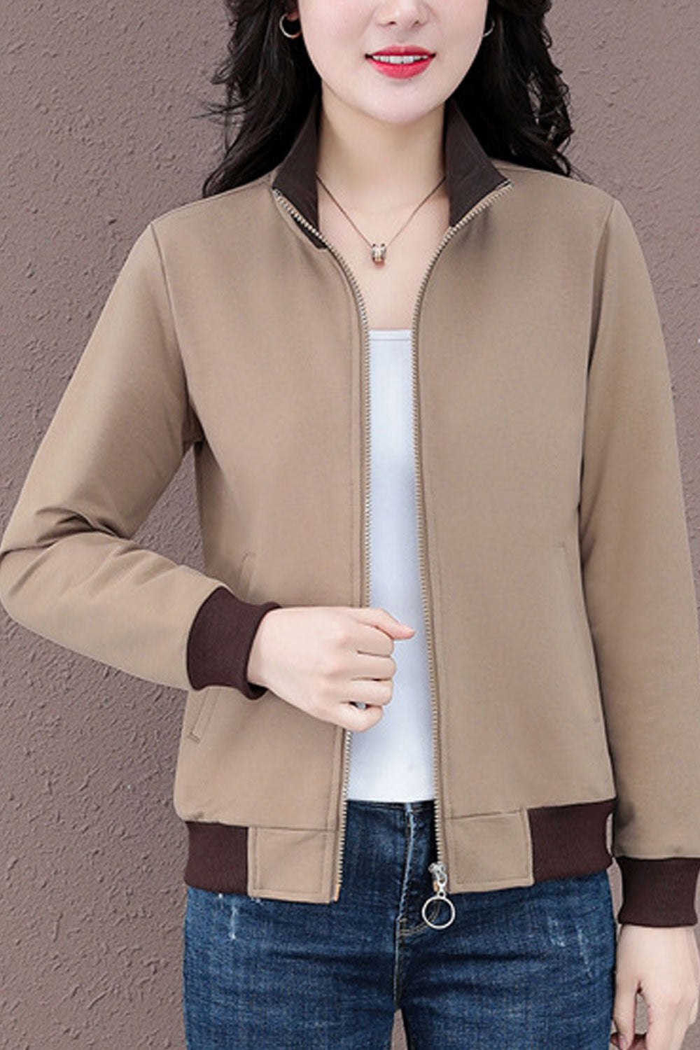 Women Peachy Stand Collar Neck Front Zippered Ribbed Cuff & Hem Winter Casual Jacket