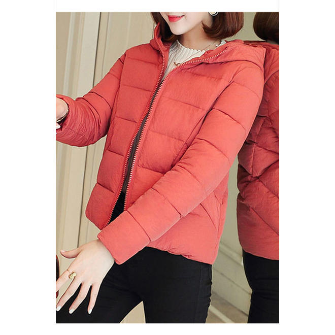 Women Hood Solid Colored Padded Winter Jacket