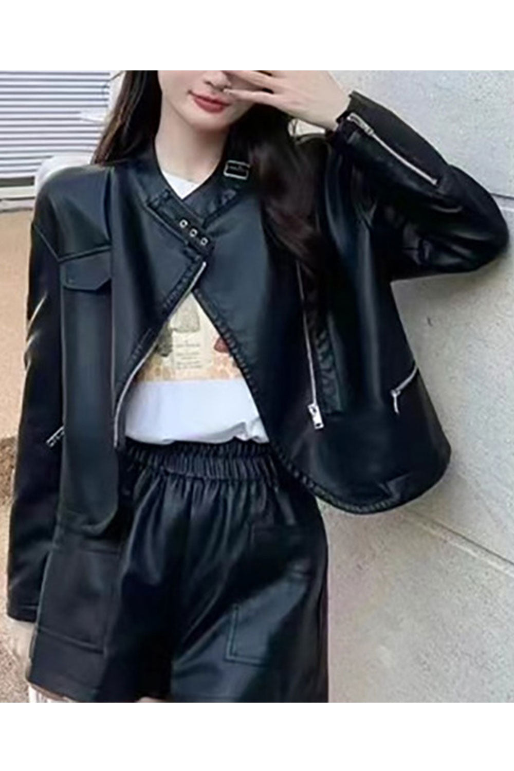 Women Windproof Stand Collar Neck Zippered Pocket Zippered Pocket Dilute Winter Leather Jacket