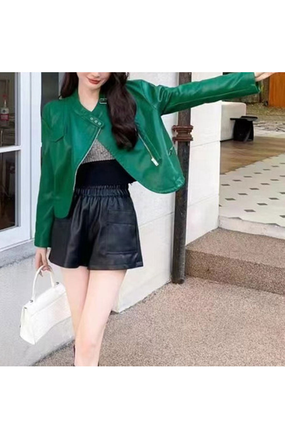 Women Windproof Stand Collar Neck Zippered Pocket Zippered Pocket Dilute Winter Leather Jacket