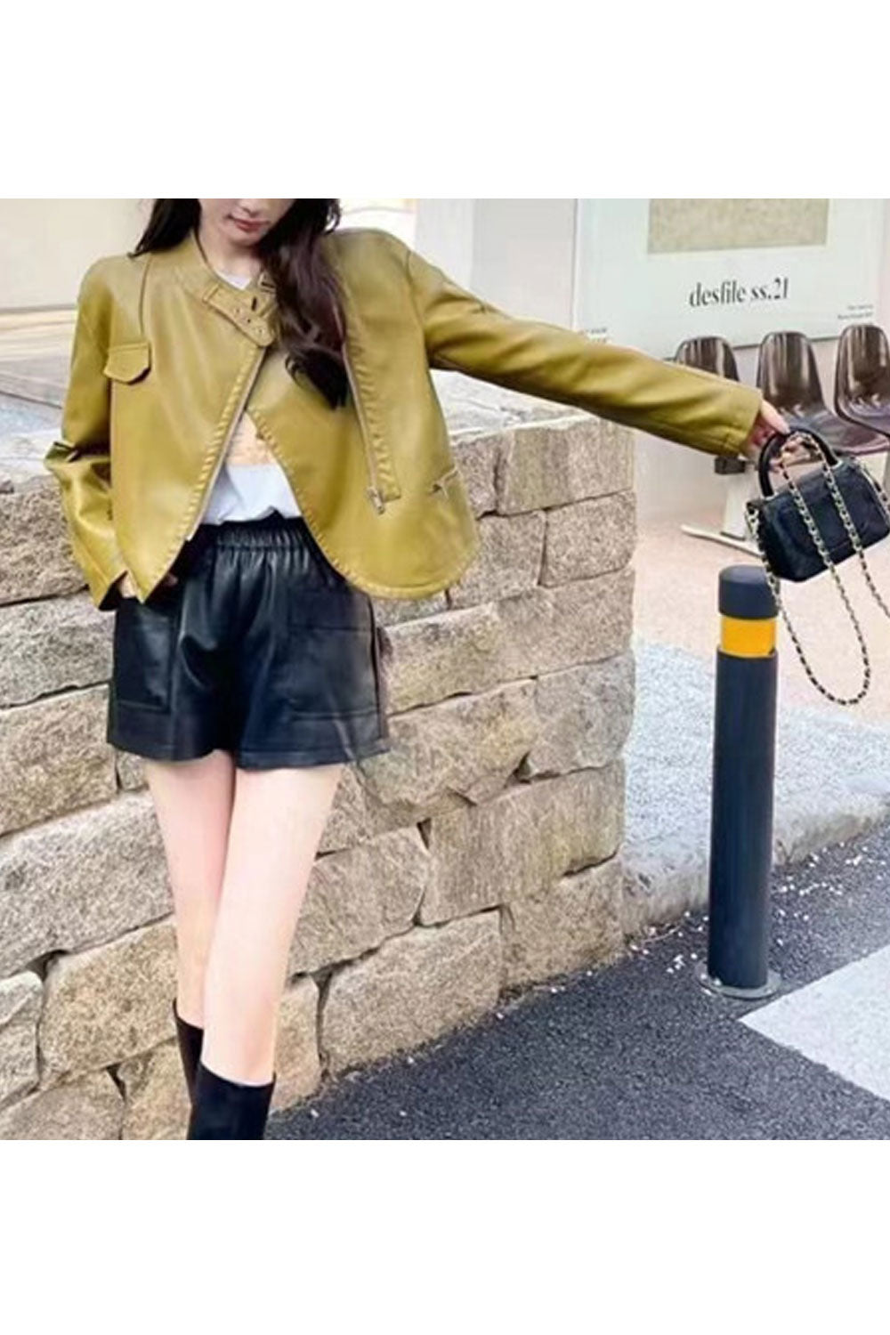Women Windproof Stand Collar Neck Zippered Pocket Zippered Pocket Dilute Winter Leather Jacket
