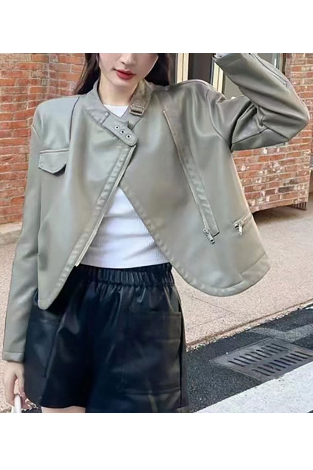 Women Windproof Stand Collar Neck Zippered Pocket Zippered Pocket Dilute Winter Leather Jacket