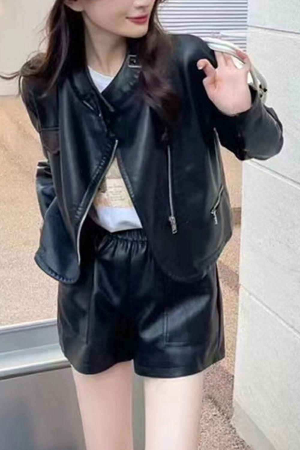 Women Windproof Stand Collar Neck Zippered Pocket Zippered Pocket Dilute Winter Leather Jacket