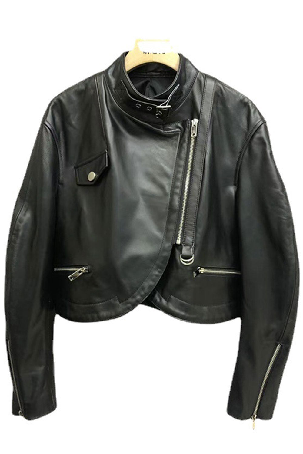 Women Windproof Stand Collar Neck Zippered Pocket Zippered Pocket Dilute Winter Leather Jacket