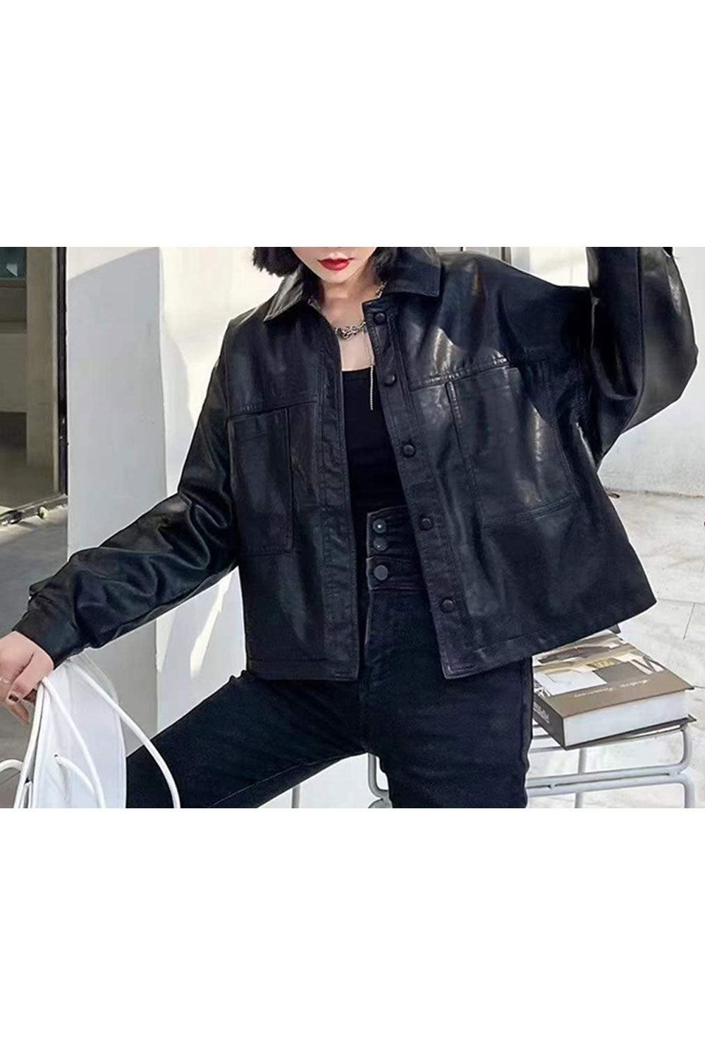 Women Stylish Collar Neck Buttoned Cuff Patch Pocket & Zip fastener Loose Snug Winter Leather Jacket