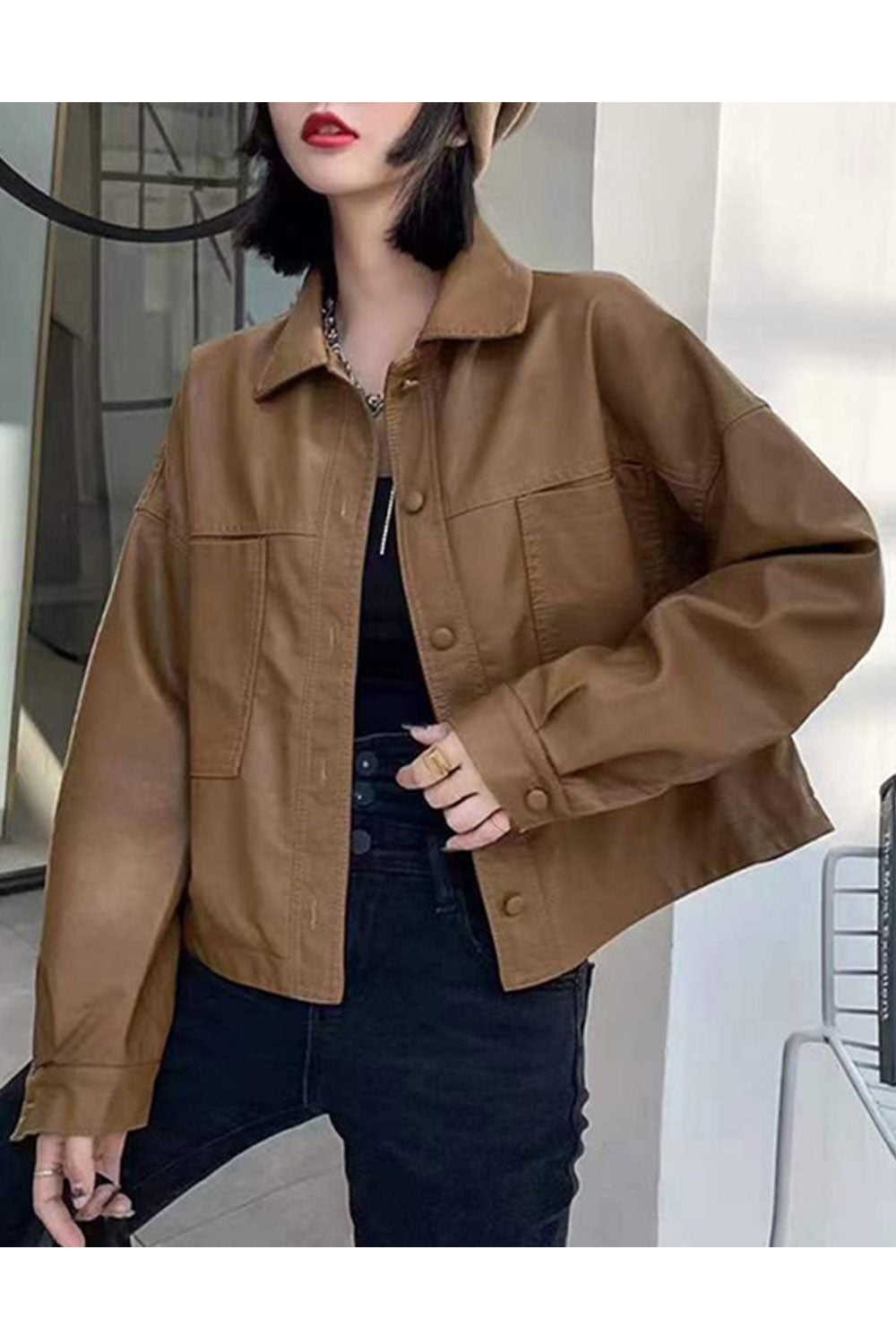 Women Stylish Collar Neck Buttoned Cuff Patch Pocket & Zip fastener Loose Snug Winter Leather Jacket