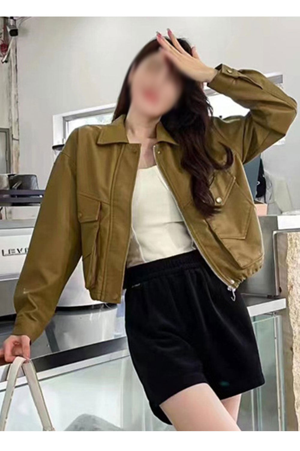 Women Fine Collar Neck Buttoned Cuff Front Flap Closure Pocket & Zippered Closure Loose Style Winter leather Jacket