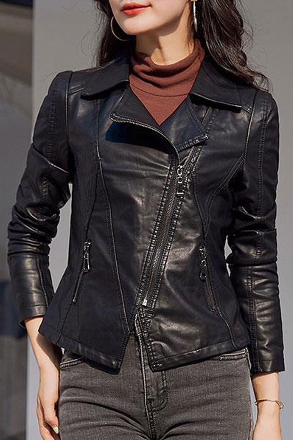 Women Superb Cross Zip Closure Collar Neck Solid Pattern Excellent Winter Leather Jacket