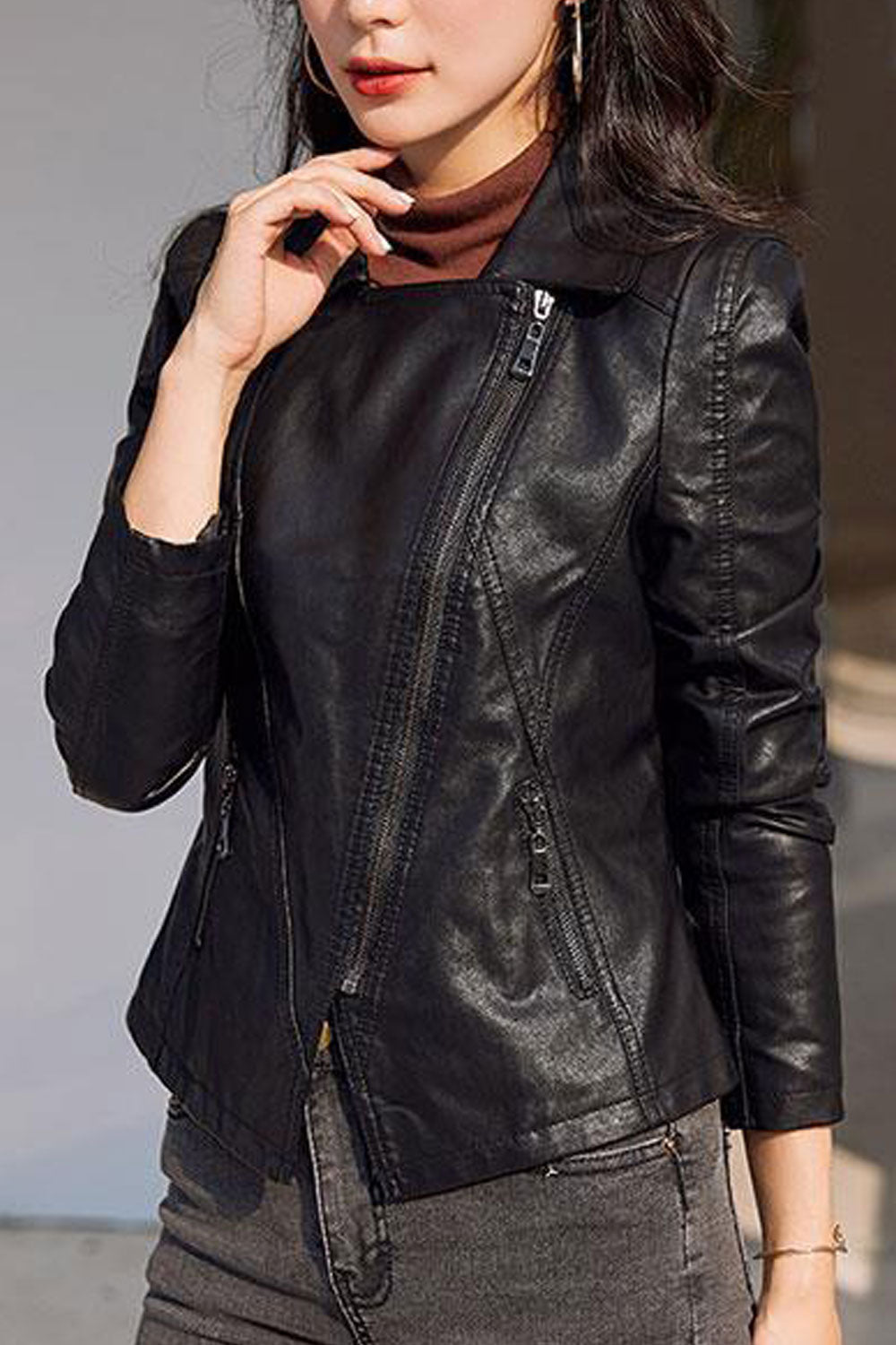 Women Superb Cross Zip Closure Collar Neck Solid Pattern Excellent Winter Leather Jacket