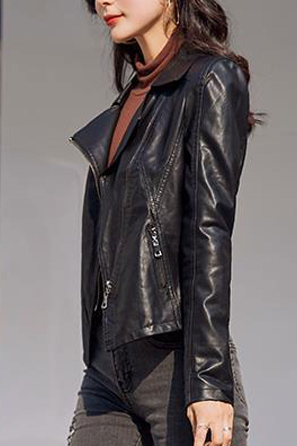 Women Superb Cross Zip Closure Collar Neck Solid Pattern Excellent Winter Leather Jacket