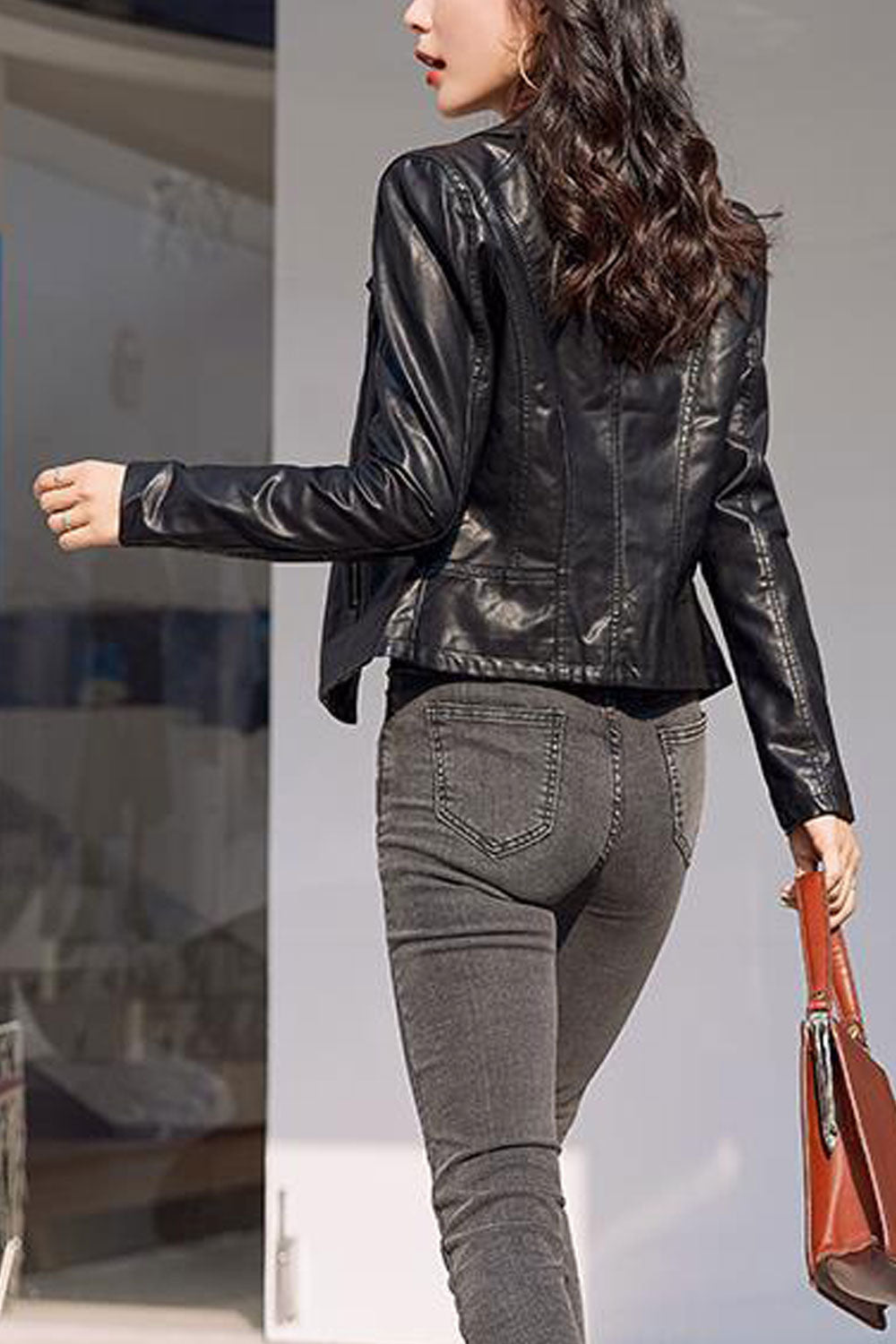 Women Superb Cross Zip Closure Collar Neck Solid Pattern Excellent Winter Leather Jacket