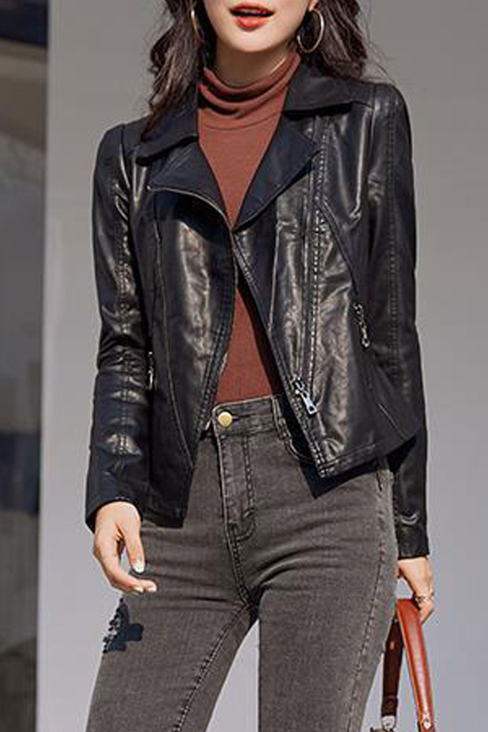 Women Superb Cross Zip Closure Collar Neck Solid Pattern Excellent Winter Leather Jacket